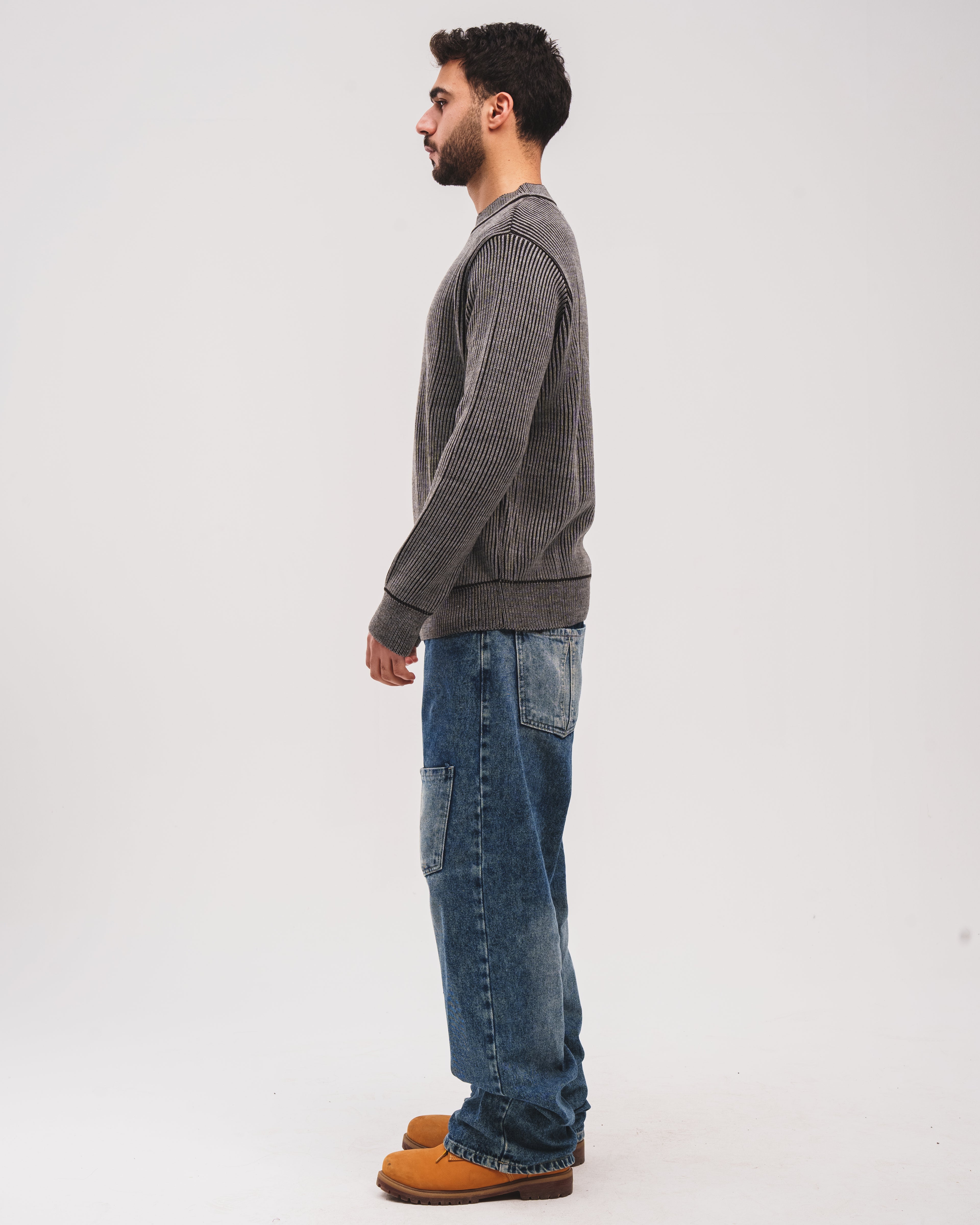 The Double Knitted Crewneck - Black X Light Grey