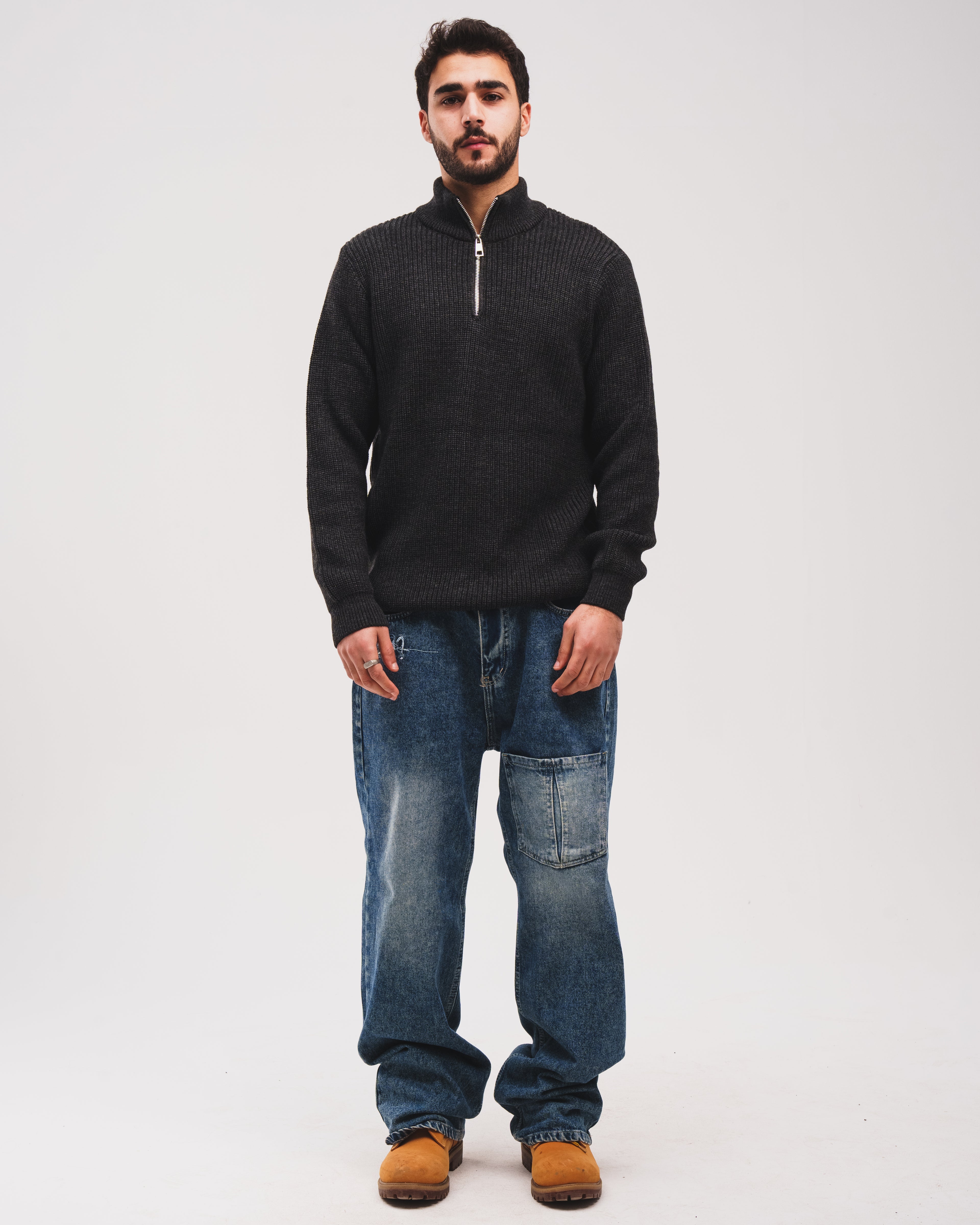 Knitted Quarter Zip - Charcoal