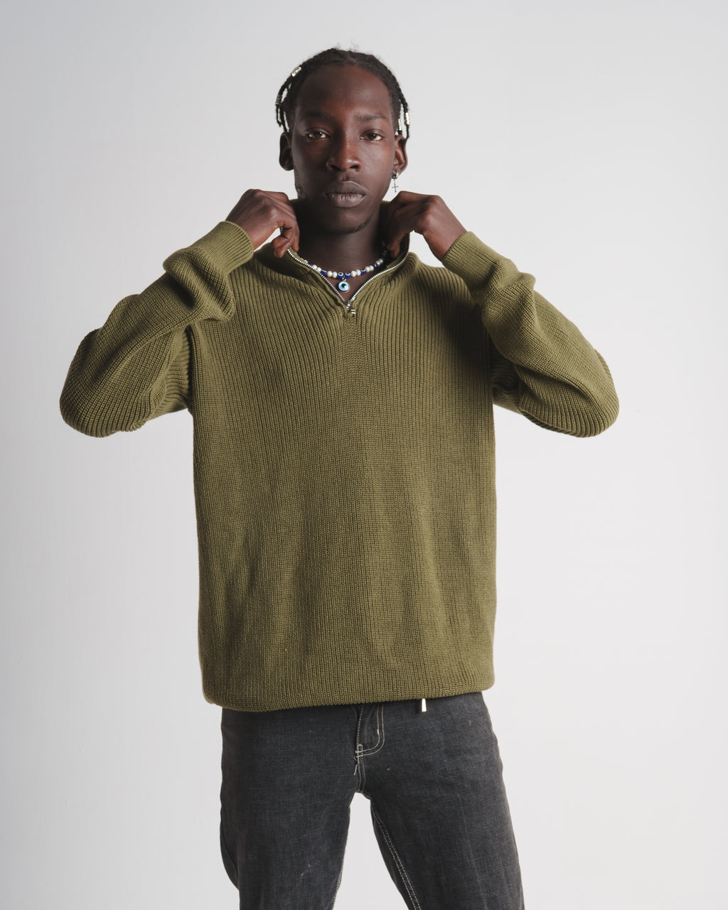 Knitted Quarter Zip - Olive