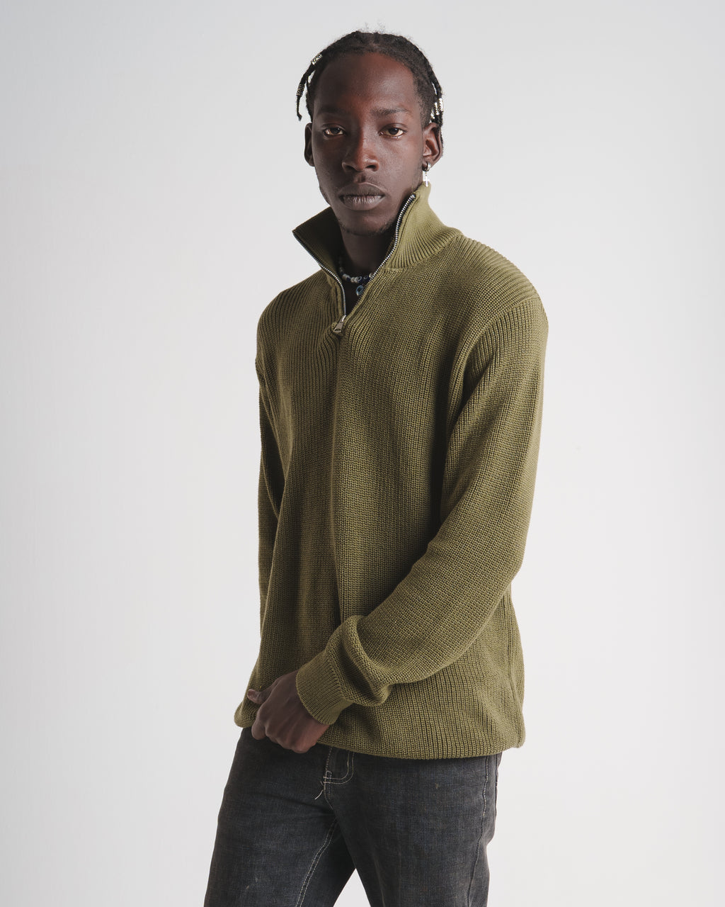 Knitted Quarter Zip - Olive