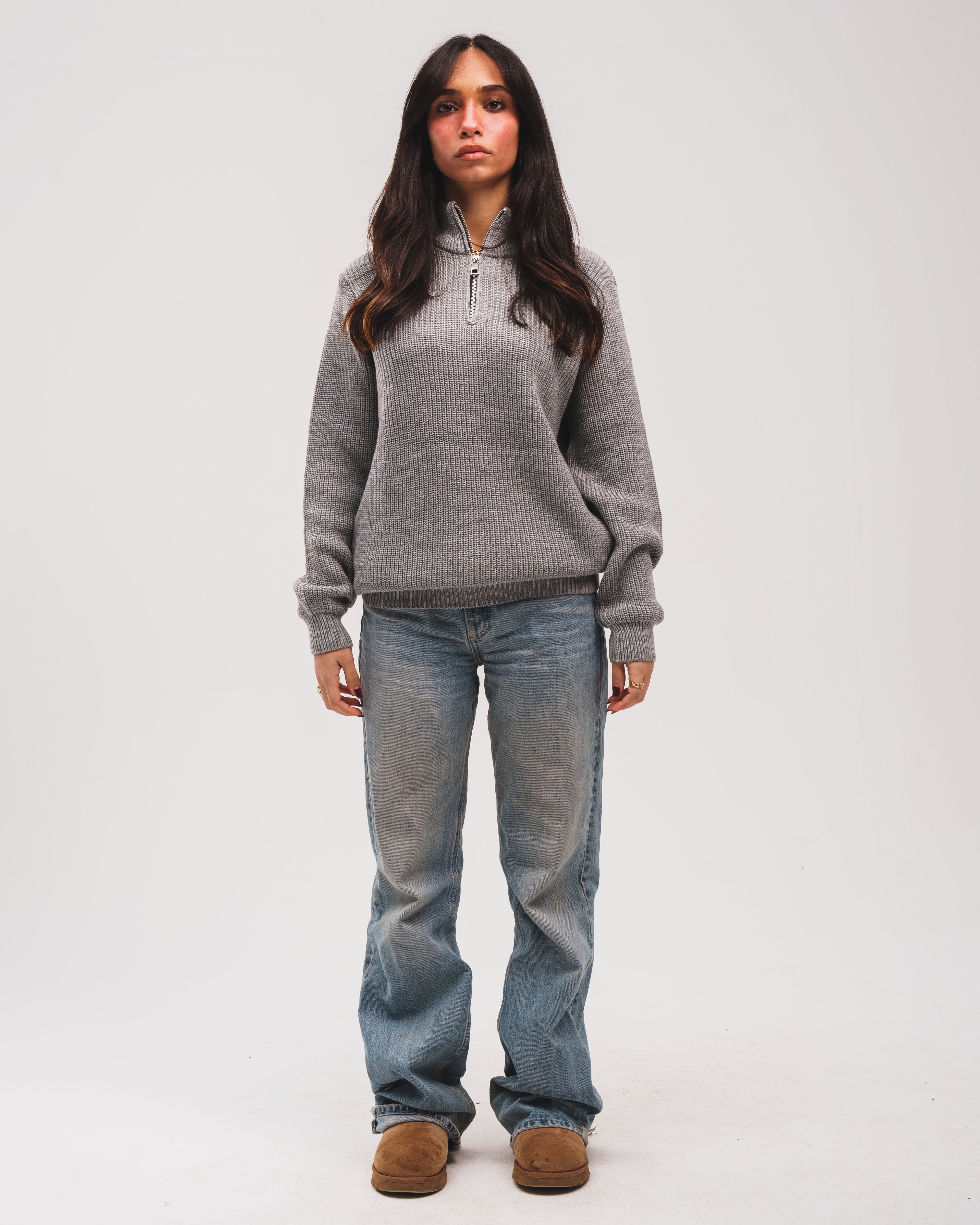 Knitted Quarter Zip - Light Grey